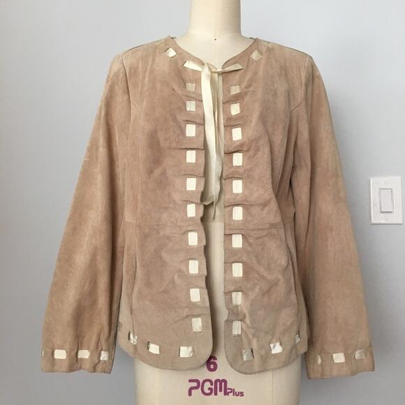 Bradley Bayou Beige Tan Genuine Suede Ribbon Trim Leather Jacket Cottage Core M - Picture 10 of 11